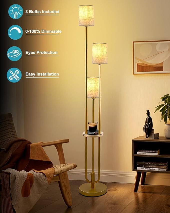 Lightdot 64Inch Floor Lamp with Table Dimmable Gold Floor Lamp for Living Room 3 Lights Candle Holder Style Mid Century Modern Tall Standing Lamp with Fabric Shade for Bedroom Corner(Bulbs Included)