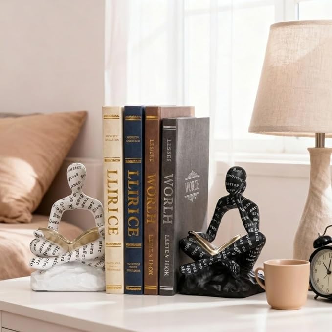 Heavy Duty Book Ends for Shelves, Thinker Decorative Bookends for Heavy Books, Book Stoppers to Hold Books, Weighted Black and White Bookends Set of 2, Non Slip Pads, Bookshelf Accessories
