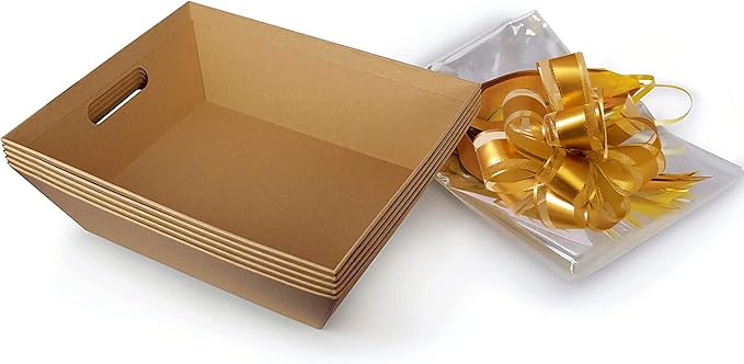 (5pk) Large Baskets For Gifts Empty, Tray For Gifting, Storage 10x12” Sturdy Cardboard Tray With Handles, 5 Cellophane Gift Bags And 5 Gold Pull Bows For Gifting
