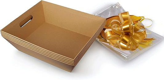 (5pk) Large Baskets For Gifts Empty, Tray For Gifting, Storage 10x12” Sturdy Cardboard Tray With Handles, 5 Cellophane Gift Bags And 5 Gold Pull Bows For Gifting