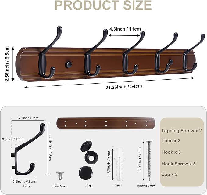 Coat Hooks Wall Mount, Wood Bamboo Wall Coat Rack with 5 Metal Hooks for Hanging Clothes, Towels, Keys, Bags(Brown&Black)