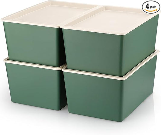 Menkxi 4 Pcs Storage Bins with Lids Plastic Stackable Containers for Organizing Shelves Christmas Ornament Box Baskets(Green,Large)