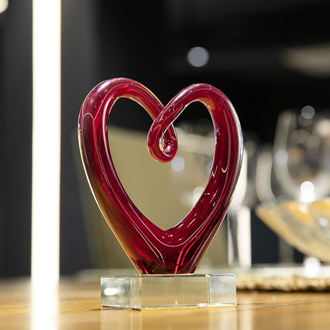 QFkris 5'' Tall Art Glass Red Heart Sculpture Centerpiece Party Home Decoration Glass Art Style Red Abstract Table Decor Valentines Day Gifts