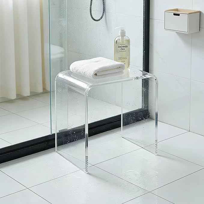 Acrylic 15 Inch Small Stool, Clear Acrylic Step Stool for Kids and Adults, Water-Resistant Shower Stool, Modern Bathroom Stool, 200 lbs Weight Capacity