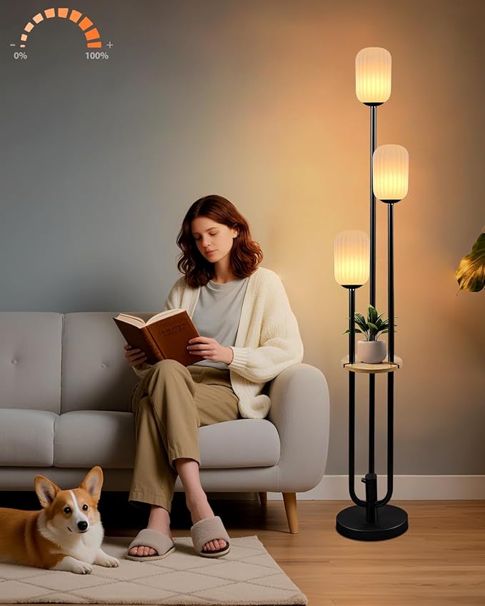 ACOHOOK Floor Lamp for Living Room, Dimmable Vintage Floor Lamp with Shelf & LED Bulbs, 3 Light 3000K Soft Warmwhite Mid Century Standing Lamp, Tall Lamps for Bedroom Office