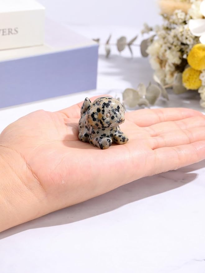 Jovivi Natural Dalmation Spot Jasper Crystal Lying Dog Statue Home Decor Carved Mini Gemstone Puppy Dog Figurines Pocket Sculpture Reiki Healing Stones Decorative Ornament Gift