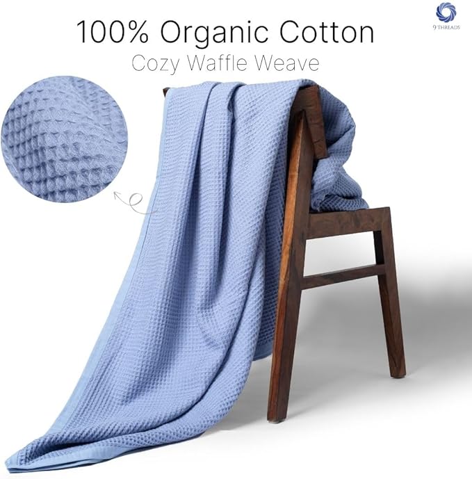9Threads GOTS Certified Organic Cotton Waffle Weave Blanket, King Bed Size,108"X90" Cozy Throw Blanket for Couch, Modern Home Decor, Throw Blankets, Waffle Blanket, Soft Bed Blankets - Powder Blue