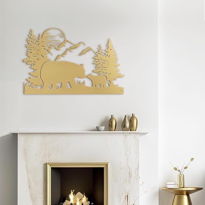 SIGNLEADER Metal Wall Art Decor Bear, Pine, Mountains Minimalist Modern Abstract Wall Sculpture Hangings Home Decoration for Living Room, Bedroom, Bathroom, Kitchen, Outdoor - 18" Gold