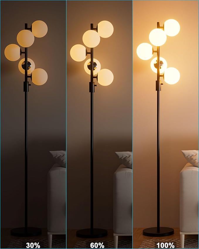 ACOHOOK 64IN Dimmable Black Floor Lamp, Tall Standing Lamps with 5 Globe Soft Warm White Eye Care 3000K G9 Bulbs, Mid Century Modern Floor Lamp for Living Room Bedroom Office