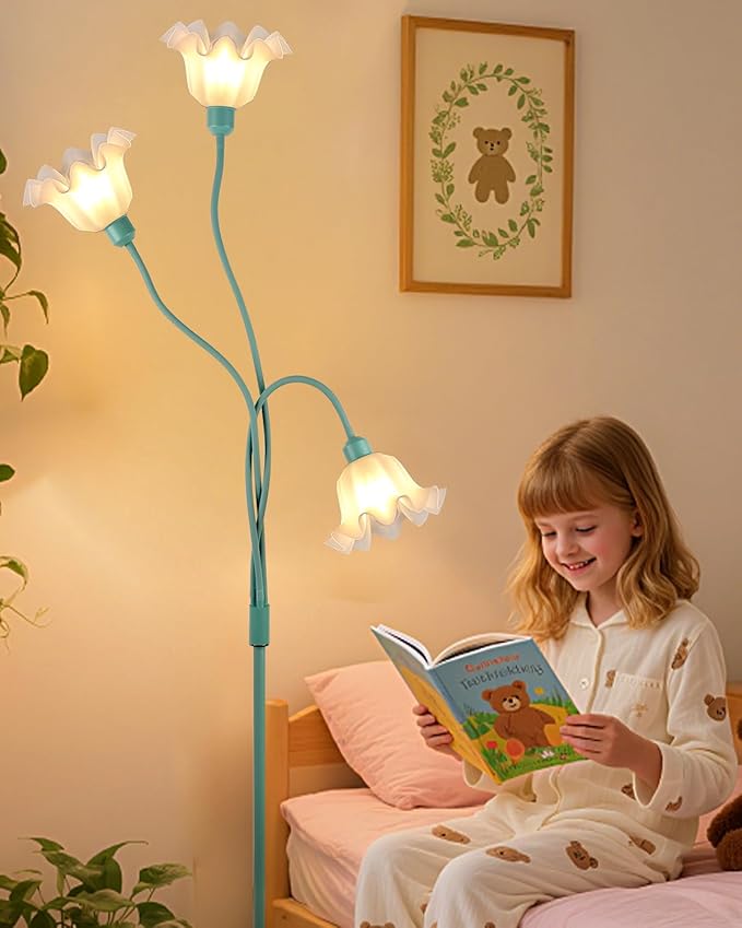 ACOHOOK Flower Floor Lamp for Living Room, Modern Tree Floor Lamp with Adjustable Heads, 3 Light 3000K Soft Warmwhite Mid Century Standing Tall Lamp for Bedroom Kids Room-Green