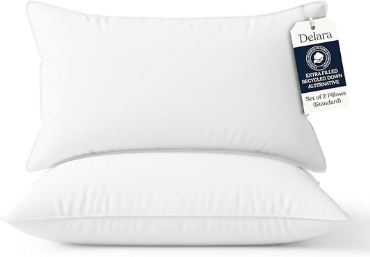 Delara Pillows for Sleeping Set of 2 Bed Pillows, Organic Cotton 300TC Shell, Recycled Down Alternative Fill, Supportive for Back and Side Sleepers, Hypoallergenic & Breathable (Standard 20"X28")