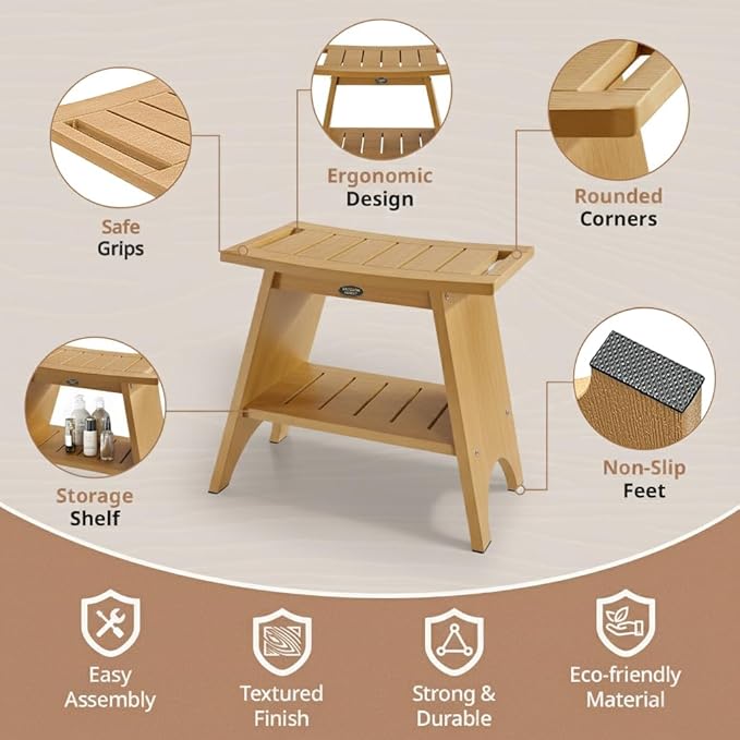 Shower Stool for Inside Shower, Shower Benches for Shaving Legs, 500lbs Shower Chair with Space-Efficient Storage Shelf, Waterproof Shower Seat for Spa Bathroom, Indoor or Outdoor Use(Teak Style)