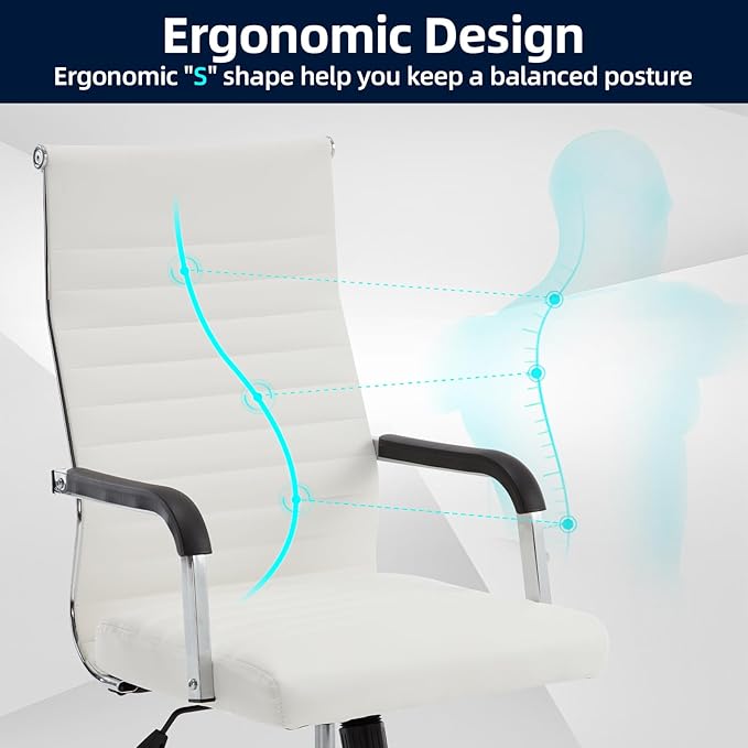 Haranuo Office Chair, Ergonomic Executive Conference Room Chairs, Ribbed Leather Desk Chair with Lumbar Support, Adjustable Height Mid-Back Swivel Chair (Square Tube Armrests, White)