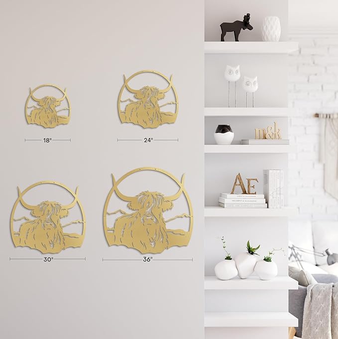 SIGNLEADER Metal Wall Art DecorHighland Cow with Mountain Minimalist Modern Abstract Wall Sculpture Hangings Home Decoration for Living Room, Bedroom, Bathroom, Kitchen, Outdoor - 18" Gold
