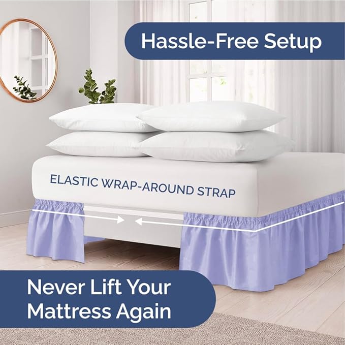 Wrap Around Dust Ruffle Bed Skirt - Lavender - for King Size Beds with 15 Inch Drop - Easy Fit Elastic Strap - Adjustable Pleated Bedskirt w/Brushed Fabric Wrinkle Free - for Women, Men, Kids & Teens
