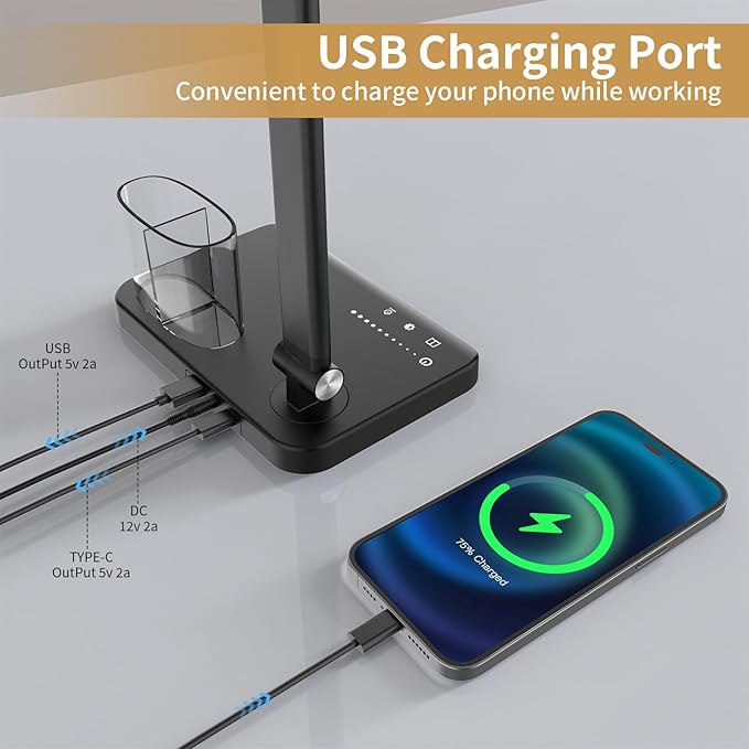 LED Desk Lamp, Dual Heads, Height Adjustable, USB Charging Port, 5 Light Modes & Dimmable Brightness, Bedside Lamp for Reading, Craft, Work, Study (Black, 15W)