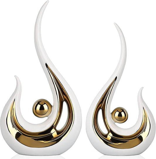 DOVDOV Ceramic Abstract Statue Set of 2, White and Gold Decoration, for Living Room TV Stand Decor, Home Office, Room Decor, entryway Entrance, Dining Table Decor and Accessories