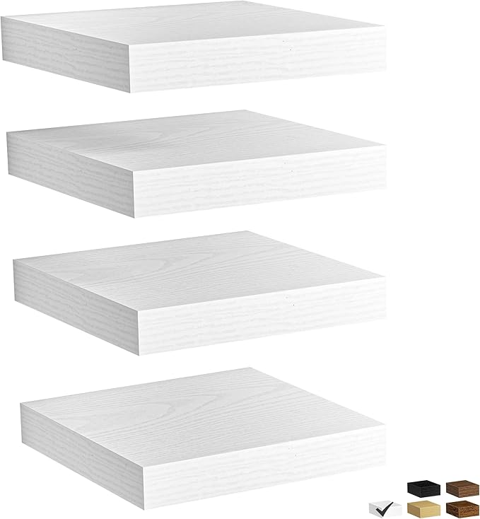 Fun Memories Rustic Floating Wall Shelves, Wall Mounted Wood Storage & Display Shelves for Bathroom, Bedroom, Living Room or Kitchen, (Set of 4, White, 9.3 in)