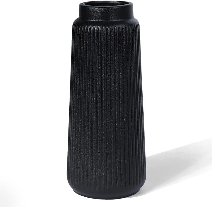 Black Ribbed Ceramic Vase – Textured Flower Vase for Pampas Grass, Fresh or Dried Flowers, Modern Cylinder Minimalist Home Decor for Living Room, Dining Table, Wedding Centerpiece