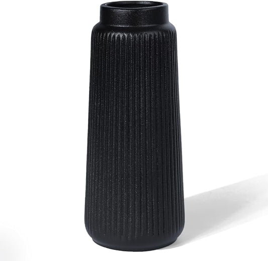 Black Ribbed Ceramic Vase – Textured Flower Vase for Pampas Grass, Fresh or Dried Flowers, Modern Cylinder Minimalist Home Decor for Living Room, Dining Table, Wedding Centerpiece
