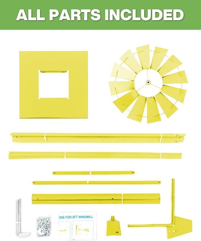 8FT Windmill for Yard Garden Decoration with Weather Vanes，Heavy Duty Outdoor Wind Mills, Large Metal Outdoor Windmill,Weather Resistant,Yellow