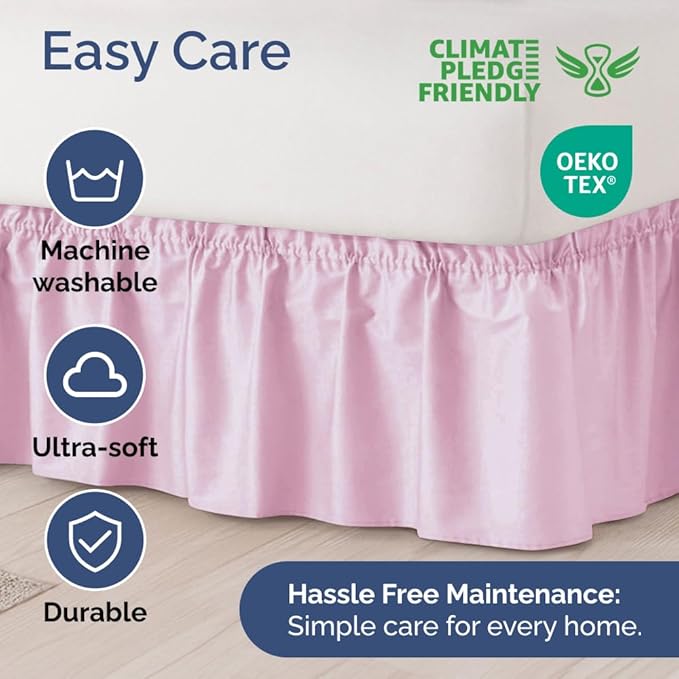Wrap Around Dust Ruffle Bed Skirt - Light Pink - for Queen Size Beds with 12 Inch Drop - Elastic Strap - Adjustable Pleated Bedskirt with Brushed Fabric and Wrinkle Free - For Women, Men, Kids & Teens