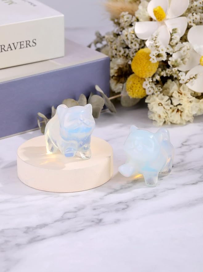 Jovivi Opalite Crystal Cat Statue Home Decor Carved Gemstone Cats Figurine Collectibles Pocket Sculpture Pet Memorial Decorative Ornament Gift for Cat Lovers