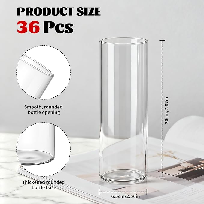 36-Pack Clear Glass Cylinder Vases 2.6"x8" – Bulk Wholesale Party Supplies, Wedding/Baby Shower Decor, Tall Vases & Candle Holders for Floral