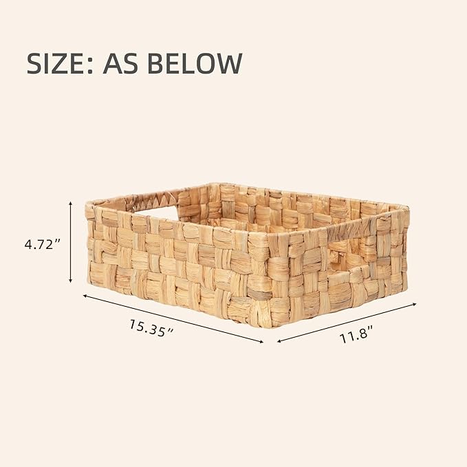 YAHUAN Water Hyacinth Storage Basket Handwoven Wicker Shelf Basket, Shallow Basket Tray Organizer with Handles for Home, Closet & Kitchen (Original)