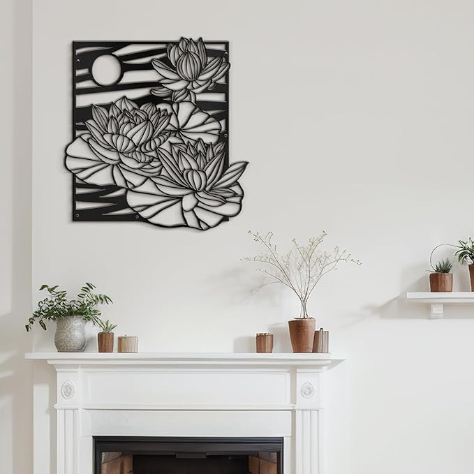 SIGNLEADER Metal Wall Art Decor Lotus, Moonlight Minimalist Modern Abstract Wall Sculpture Hangings Home Decoration for Living Room, Bedroom, Bathroom, Kitchen, Outdoor - 18" Black