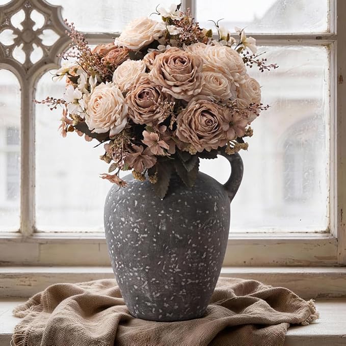 Ceramic Decorative Flower Vase with Handle, 8.85 Inch Pottery Rustic Farmhouse Vase for Home Decor, Living Room, Shelf Decor, Wedding, Housewarming Gift