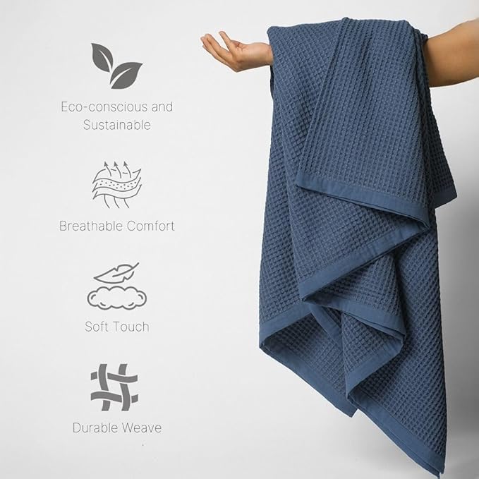 9Threads GOTS Certified Organic Cotton Waffle Weave Blanket, Queen Bed Size, 90"X90"Cozy Throw Blanket for Couch, Modern Home Decor Throw Blankets,Comfy Waffle Blanket Soft Bed Blankets -Navy Blue