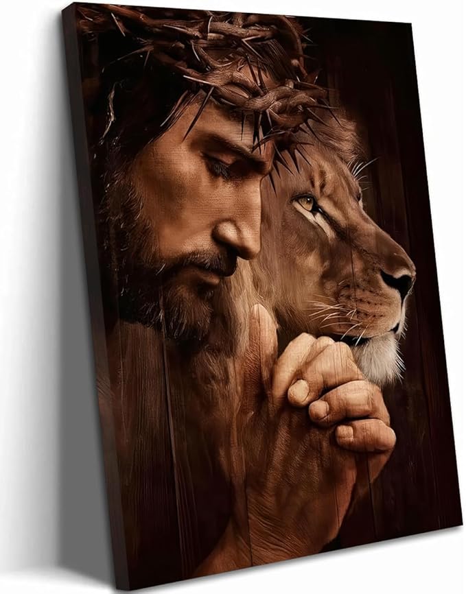 Framed Christian Jesus Canvas Wall Art, Lion of Judah Pictures Wall Decor, Biblical Paintings Prints Religious Home Decor for Living Room Bedroom Church Prayer Room 16x24 inch