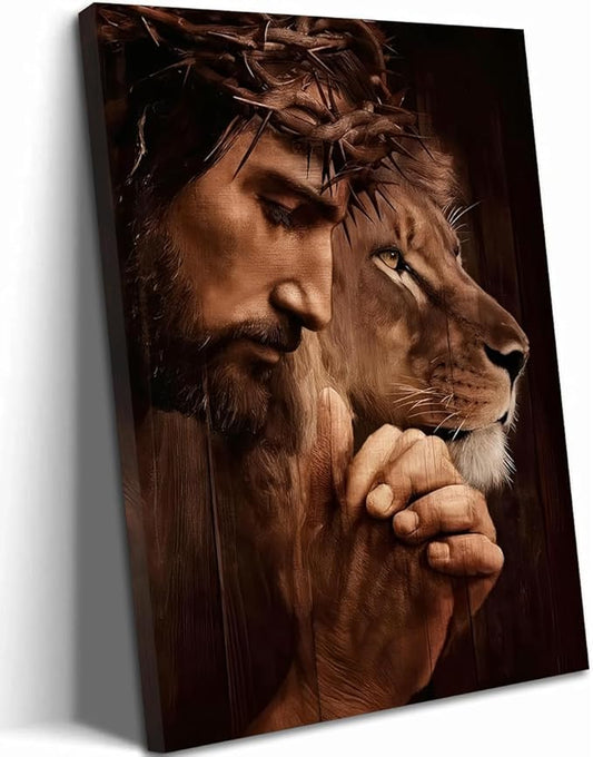 Framed Christian Jesus Canvas Wall Art, Lion of Judah Pictures Wall Decor, Biblical Paintings Prints Religious Home Decor for Living Room Bedroom Church Prayer Room 16x24 inch