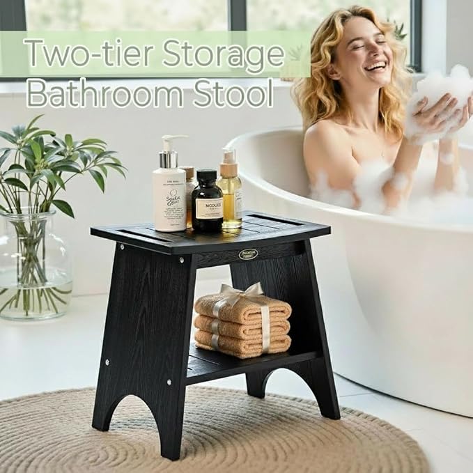 Shower Benches for Inside Shower, Waterproof HDPS Shower Stool for Shaving Legs, 500LBS Heavy Duty Shower Chair With Storage Shelf, Waterproof Shower Seat for Bathroom, Elderly, Indoor, Outdoor, Black
