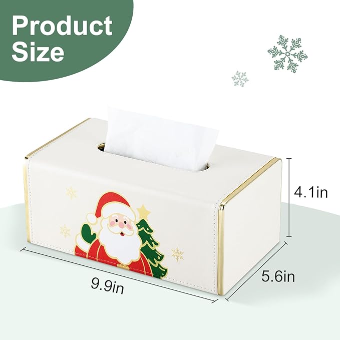 GORESE Christmas Tissue Box Cover for Kleenex, Rectangle Santa Print Tissue Box Holder, PU Leather Christmas Decorative Tissue Covers for Countertop, Xmas Gift for Women and Men