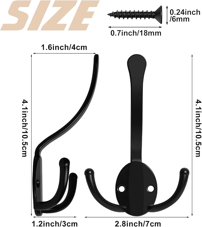 20 Pack Coat Hooks Heavy Duty, Metal Three Prongs Large Coat Hooks Wall Mounted with 40 Screws, No Rust Black Rustic Wall Hooks for Hanging Towel, Coat, Scarf, Bag, Hat, Cup, Key
