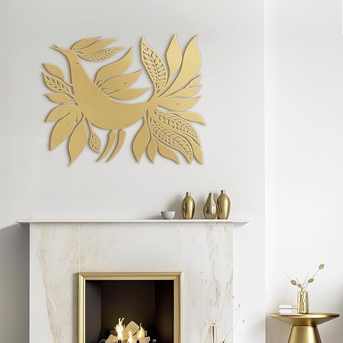 SIGNLEADER Metal Wall Art Decor Bird with Leaves Minimalist Modern Abstract Wall Sculpture Hangings Home Decoration for Living Room, Bedroom, Bathroom, Kitchen - 18" Gold