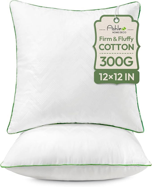 Ashler 12x12 Pillows Insert (Set of 2) - Throw Pillow Inserts with 100% Cotton Cover - Premium Fluffy Pillow Forms Stuffing Bedding Inserts -Decorative White Couch Pillow