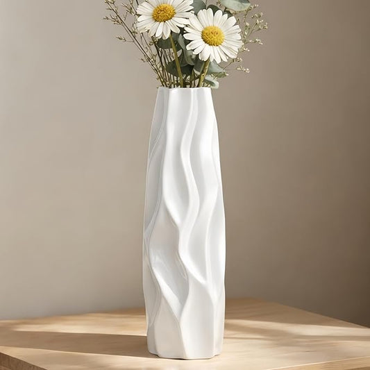 12 Inch White Vase Ceramic Flower Vase, Tall Vases for Pampas Grass, Home Decor, Modern Textured Vases for Living Room Decorations,Table Centerpieces,Shelf,Farmhouse Small Ceramic Vase