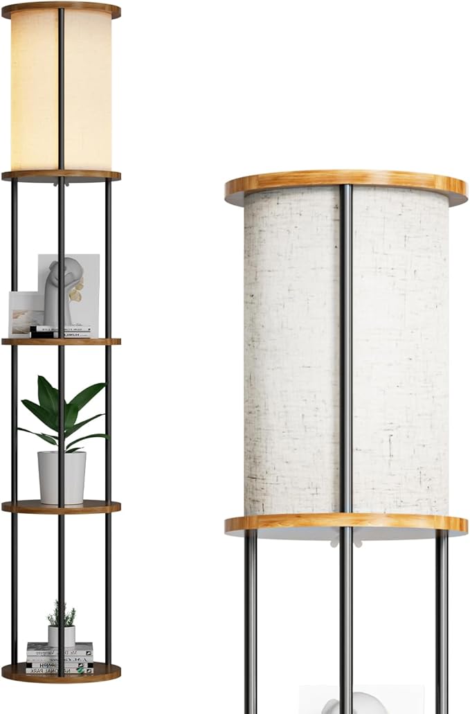 ACOHOOK 61" Floor Lamp with Shelves, Modern Black Floor Lamp with Fabric Lampshade and 3- Tier Storage Table Attached, 35lb Capacity Solid Wood, Corner Bookshelf Lamps for Living Room, Bedroom, Office