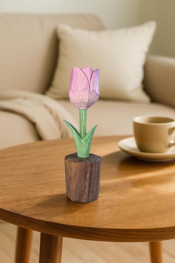 Handcrafted Wooden Tulip Figurine – Elegant Basswood Carved Sculpture, Unique Gift with Premium Gift Box, Ideal for Mother’s Day, Anniversary, Birthday, Home Office Décor (Purple)