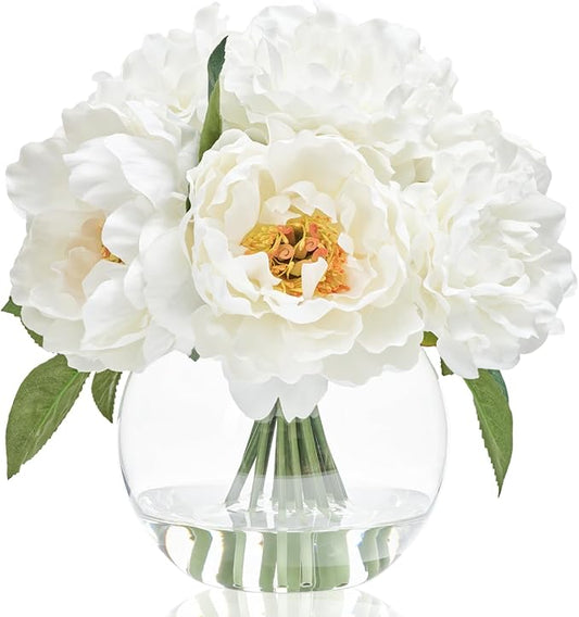 Artificial Flowers in Vase, Silk White Peonies Flowers with Globe Glass Vase & Faux Water, Fake Flower Arrangement for Home Dining Table Centerpieces Winter Spring Chritmas Wedding Party Decor Gift