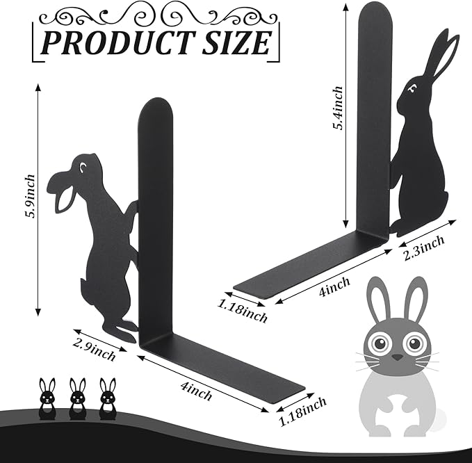 Geelin Bunny Metal Bookends Set of 2 Styles Easter Cute Rabbit Book Ends for Bookshelf Decor Organizer for Home Office Desk Gift for Rabbit Lovers Readers Teachers Friends Easter