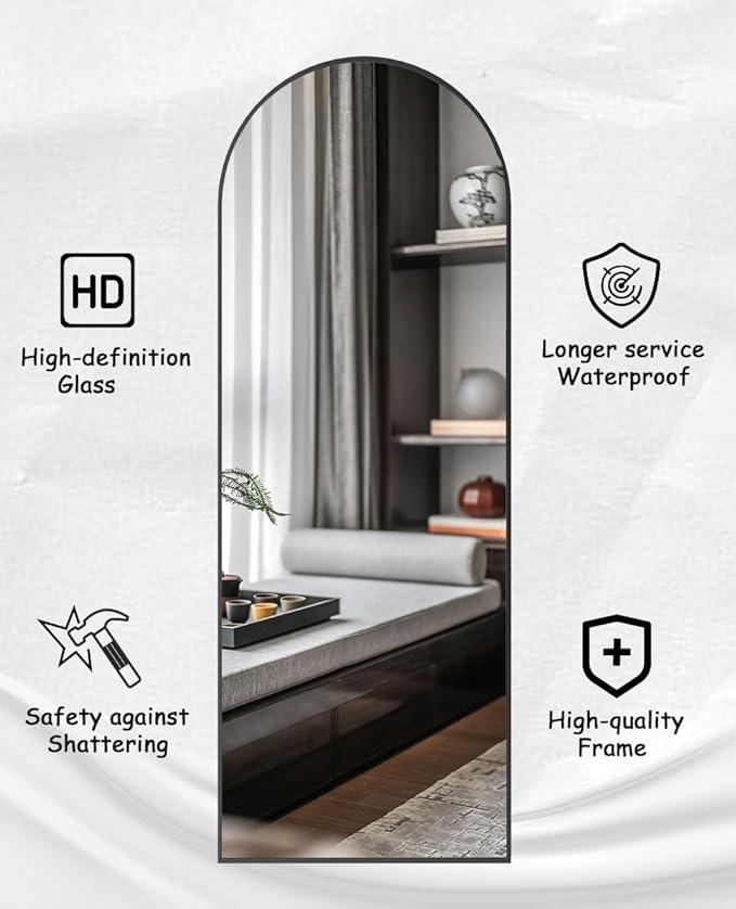 Floor Mirror Arched Full Length Mirrors, Mirror Full Length Standing Hanging or Leaning Against Wall, 59"x18" Large Full Body and Wall Mounted Mirror for Bedroom Living Room, Black