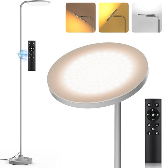 SIBRILLE 36W LED Floor Lamp, Super Bright Standing Lamp, Modern Stepless Dimmable Torchiere Tall Lamp with Remote Control, 350°Rotating Head Reading Floor Lamp for Living Room, Bedroom - Silvery Grey