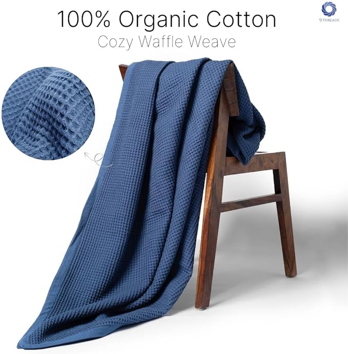 9Threads GOTS Certified Organic Cotton Waffle Weave Blanket, Queen Bed Size, 90"X90"Cozy Throw Blanket for Couch, Modern Home Decor Throw Blankets,Comfy Waffle Blanket Soft Bed Blankets -Navy Blue