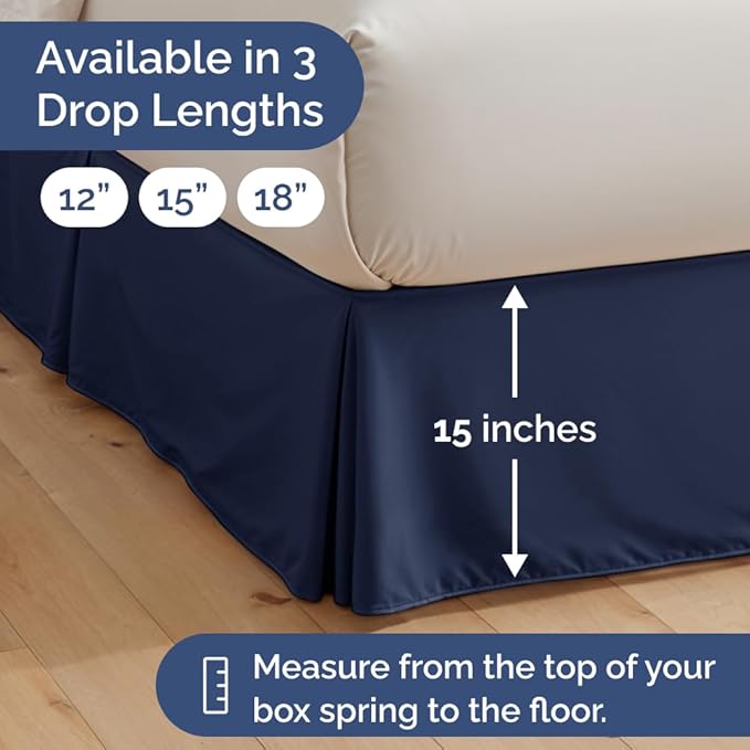 Pleated Bed Skirt Queen Size - 3 Sided Pleated Bed Skirt Queen - Ultra-Soft, Easy Fit with 15 Inch Tailored Drop - Hotel Quality, Wrinkle Free & Fade Resistant - for Women, Men, Kids and Teens - Navy