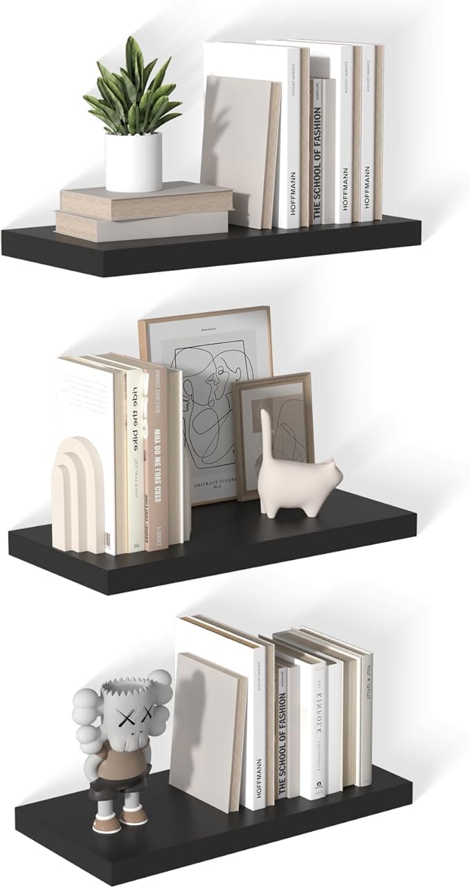12 Inch Deep Floating Shelves for Wall 3 Pack Floating Shelfs Large Storage Space Wall Decor Display Shelf for Bathroom Living Room Bedroom Kitchen 23.8" W x 12" D x 1.2" H Black