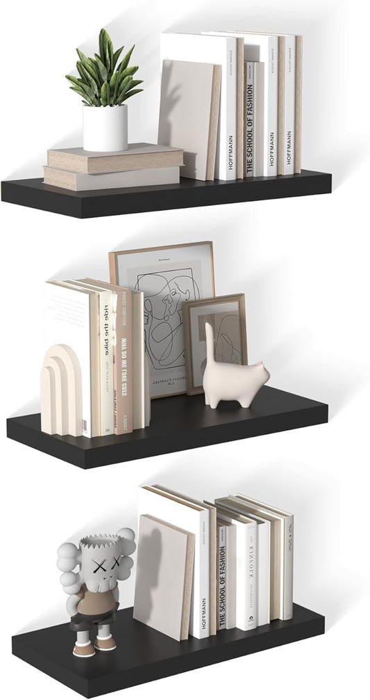 12 Inch Deep Floating Shelves for Wall 3 Pack Floating Shelfs Large Storage Space Wall Decor Display Shelf for Bathroom Living Room Bedroom Kitchen 23.8" W x 12" D x 1.2" H Black